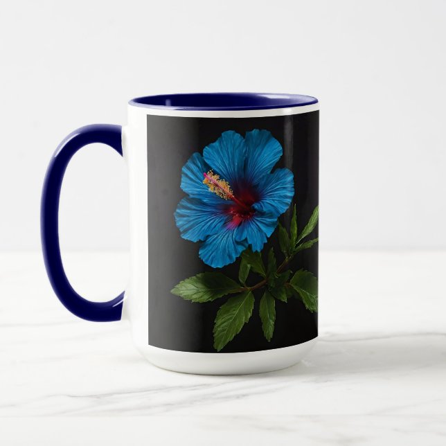 "Radiant Blue: Hibiscus Flower On Black  Mug (Left)