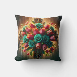 “Radiant Christian Cross Florals with Raindrops" Throw Pillow