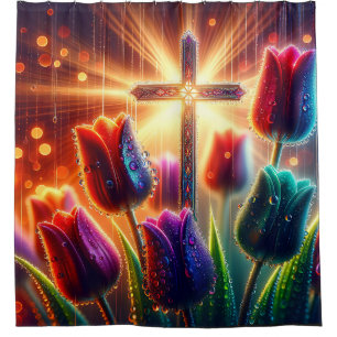 “Radiant Christian Cross: Raindrops on Tulips"