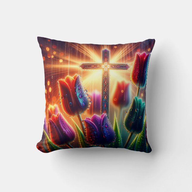 “Radiant Christian Cross: Raindrops on Tulips" Throw Pillow (Front)