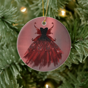 Radiant Crimson Red Sparkle Dress and Fairy Wings Ceramic Ornament