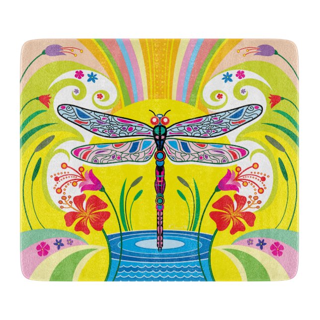 Radiant Dragonfly and Wildflowers Cutting Board (Front)