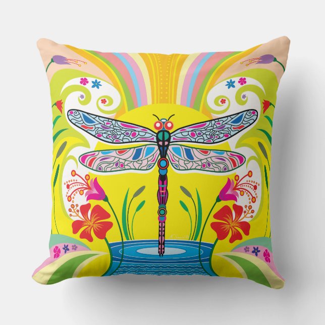 Radiant Dragonfly and Wildflowers Throw Pillow (Front)
