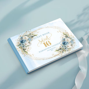 Radiant Dusty Blue Floral Sweet Sixteen Guest Book