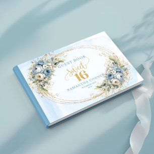 Radiant Dusty Blue Gold Leaves Sweet Sixteen Guest Book
