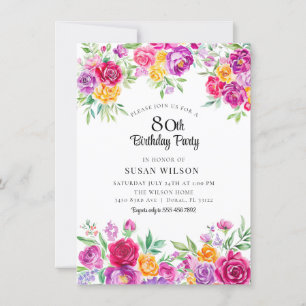 Radiant   Elegant Colourful Floral   80th birthday Invitation