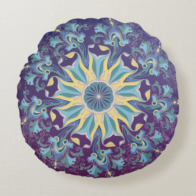 Radiant Floral Mandala Round Throw Pillow  (Front)