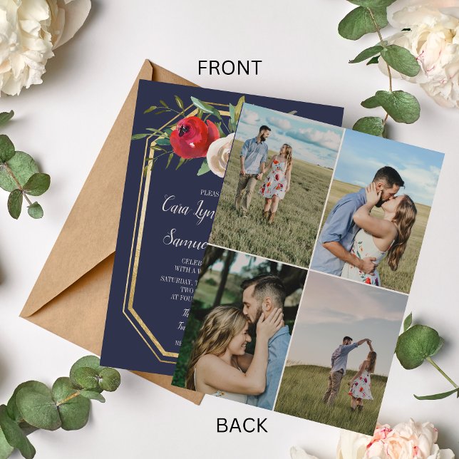 Radiant Floral Navy Blue Burgundy Photo Wedding Invitation (Creator Uploaded)