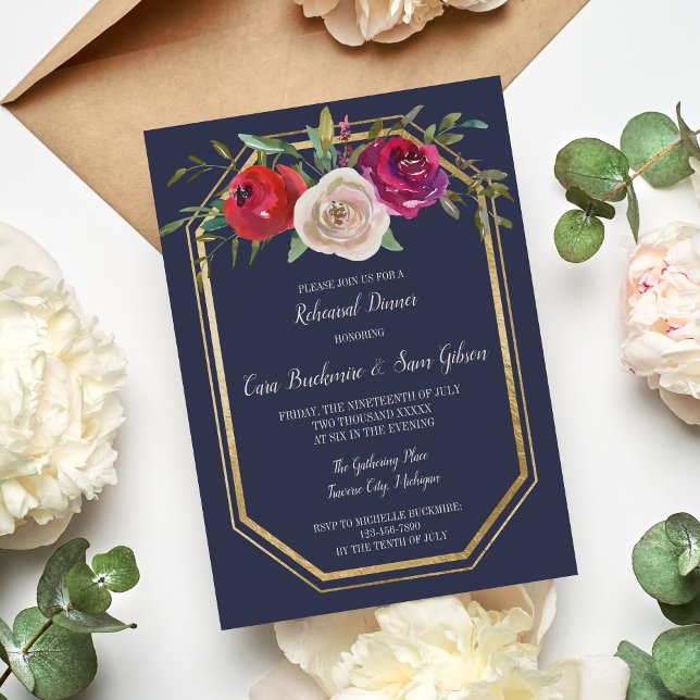 Radiant Floral Navy Blue Burgundy Rehearsal Dinner Invitation (Creator Uploaded)