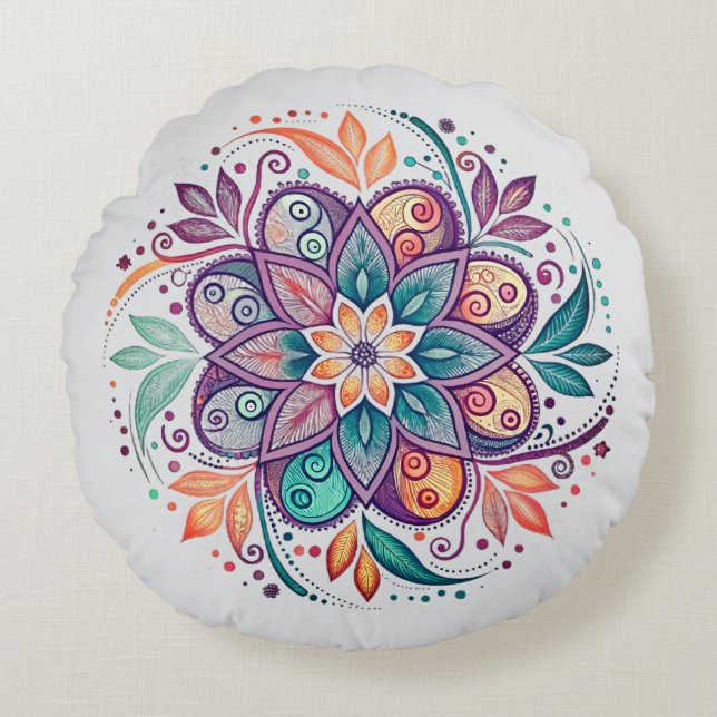  “Radiant Harmony Mandala" Round Pillow (Front)