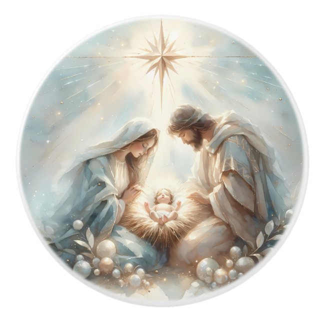 Radiant Holy Family Nativity Scene Ceramic Knob (Front)