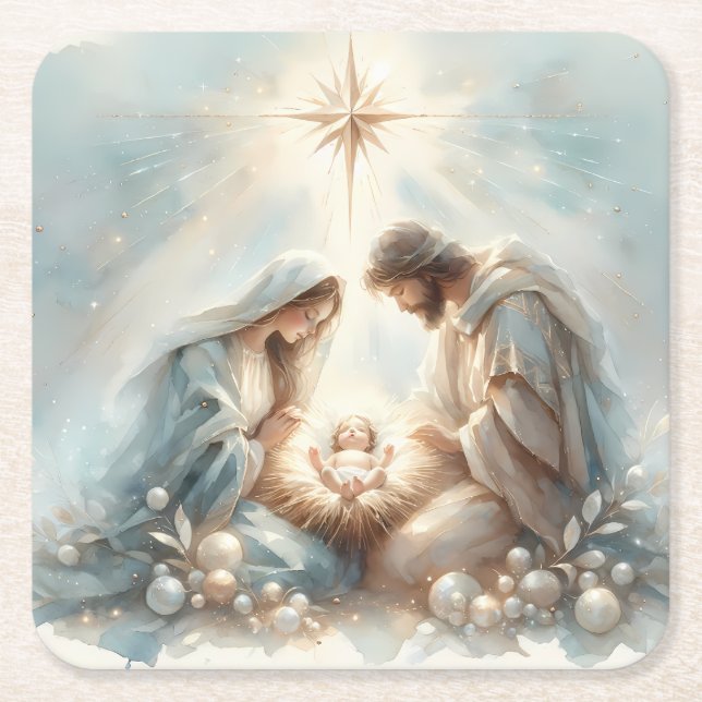 Radiant Holy Family Nativity Scene Square Paper Coaster (Front)