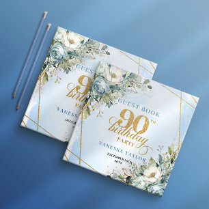 Radiant Light Blue Gold 90th Birthday Guest Ledger Book