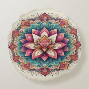 Radiant Lotus Mandala: Blooming Serenity Round Pillow