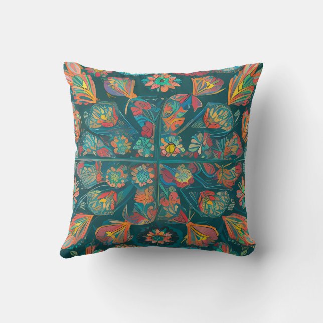 Radiant Mandala: Vibrant Symmetrical Fantasy Art Throw Pillow (Back)