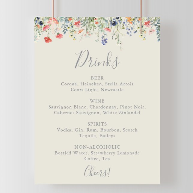 Radiant Multicolor Wildflower Wedding Drinks Menu Poster (Creator Uploaded)