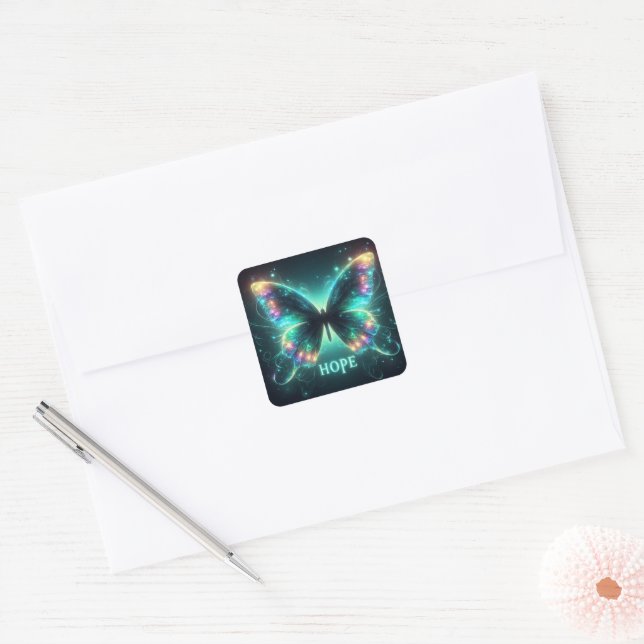 Radiant Multicolored Butterfly Portraying Hope Square Sticker (Envelope)