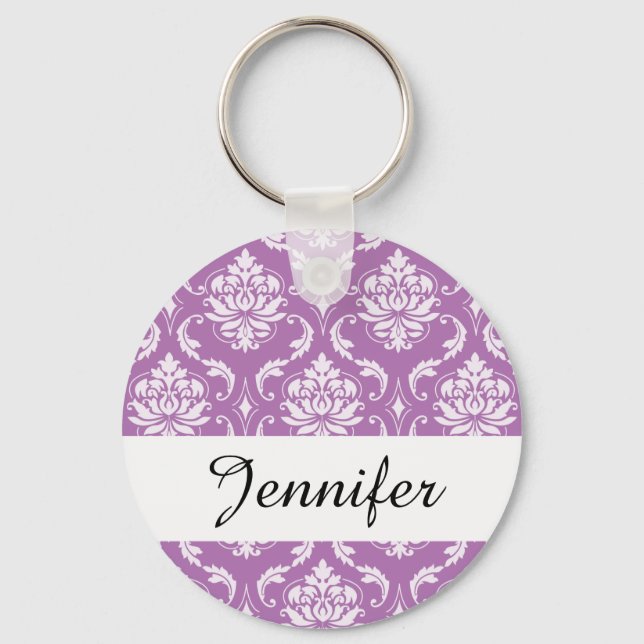 Radiant Orchid Classic Damask Pattern Keychain (Front)