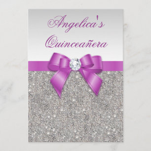Radiant Orchid Quinceañera Silver Sequins Bow Invitation