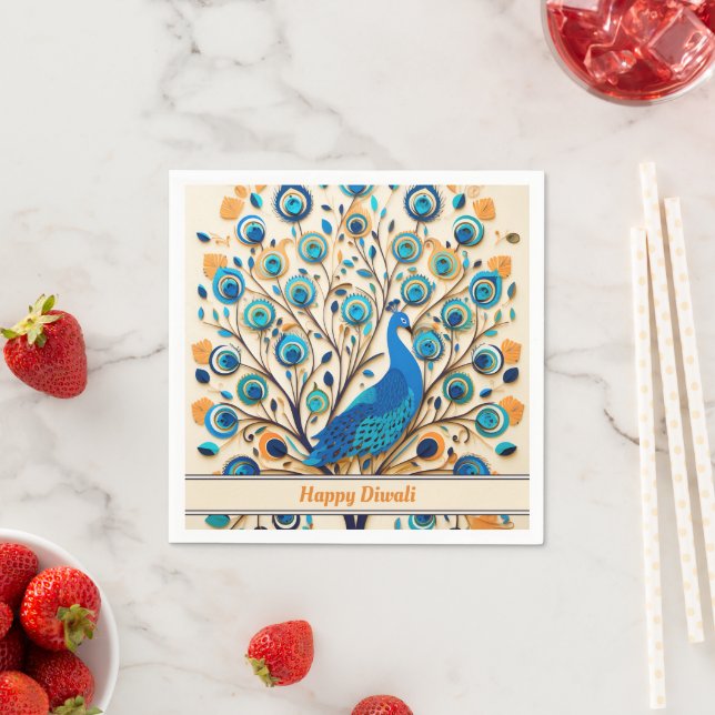 🦚 Radiant Peacock Diwali Blessings Napkin (Insitu)
