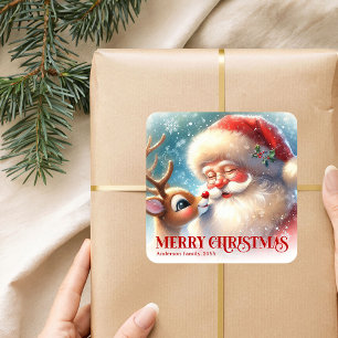 Radiant Personalized Santa and Rudolph Holiday Square Sticker