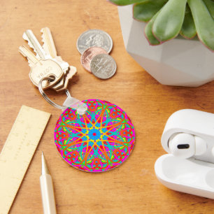 Radiant Pink Colourful Boho Mandala Keychain 