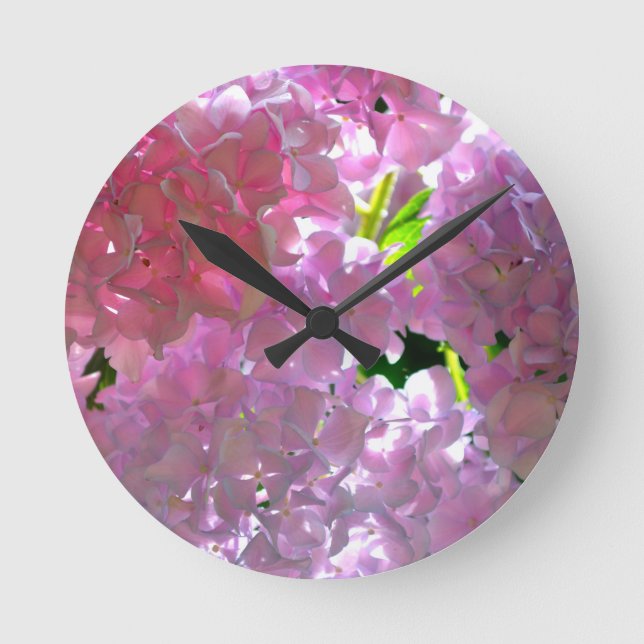 Radiant Pink Hydrangeas, pink flowers pink flowers Round Clock (Front)