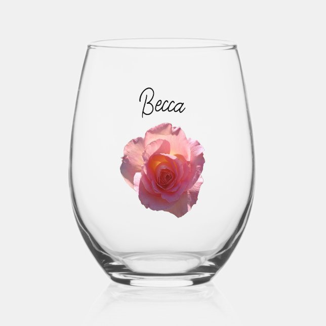Radiant Pink Tea Rose Personalized Stemless Wine Glass (Front)