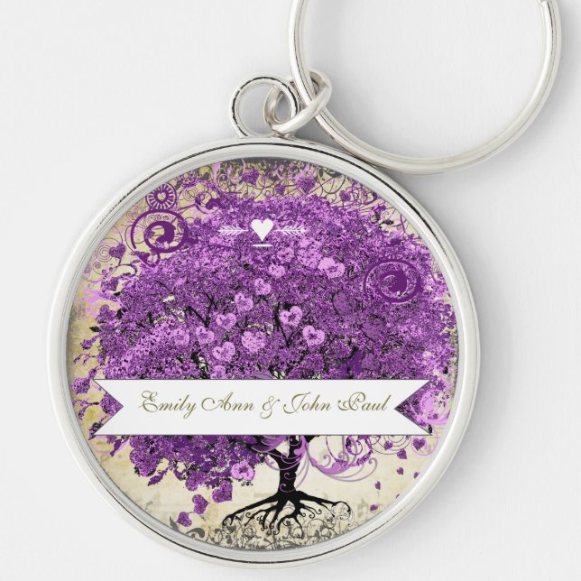 Radiant Purple Heart Leaf Tree Wedding Keychain (Front)