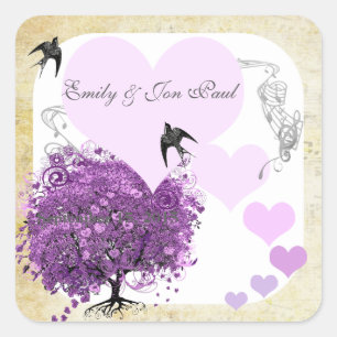 Radiant Purple Heart Leaf Tree Wedding Square Sticker