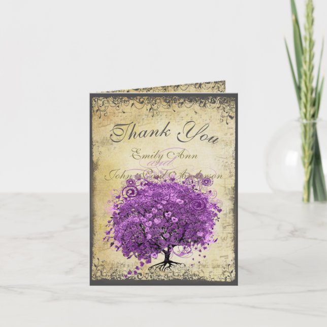 Radiant Purple Heart Leaf Tree Wedding Thank You Card (Front)