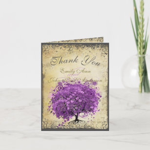 Radiant Purple Heart Leaf Tree Wedding Thank You Card