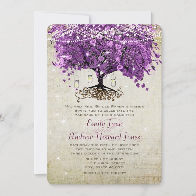 Radiant Purple Mason Jar Firefly Heart Leaf Tree Invitation (Front)