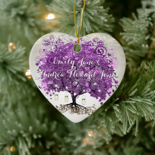 Radiant Purple Romantic Heart Leaf Wedding Ceramic Ornament