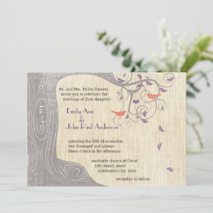 Radiant Purple Tree Coral Birds Wedding Invitation