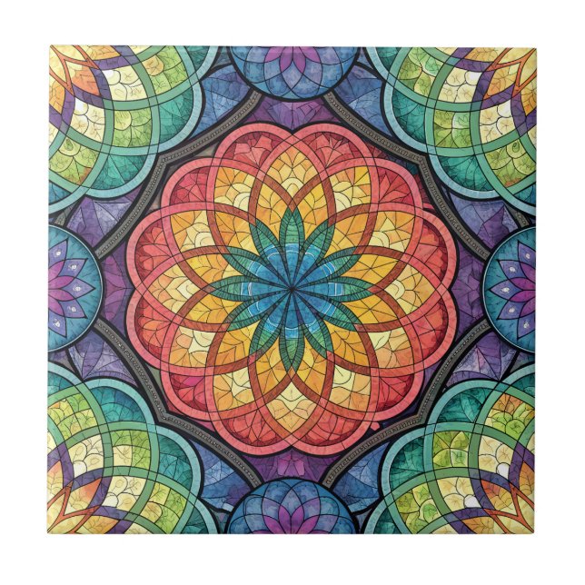 Radiant Rainbow Mandala Mosaic – Stained Glass Tile (Front)