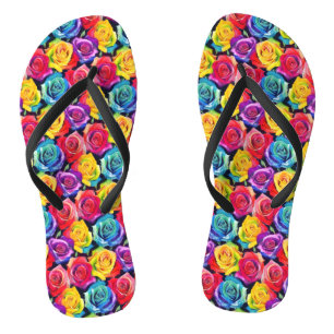 Radiant rainbow roses, floral pattern flip flops