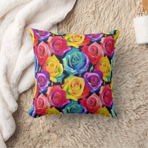 Radiant rainbow roses, floral pattern throw pillow