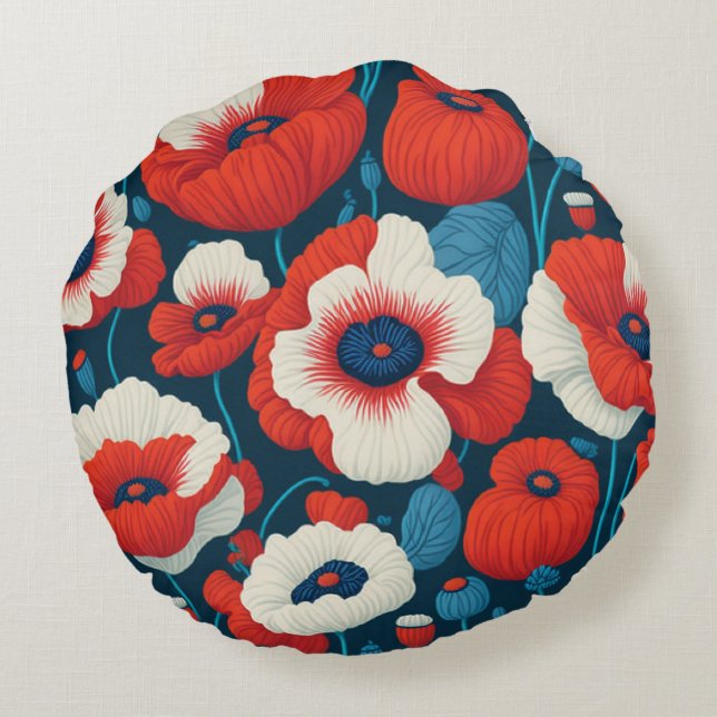 Radiant Red Flowers & Poppies Round Pillow (Back)