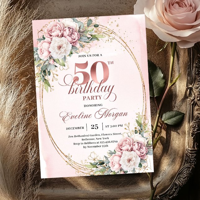Radiant Rose Gold Blush Floral 50th Birthday  Invitation (Radiant Rose Gold Blush Floral 50th Birthday Invitation

)