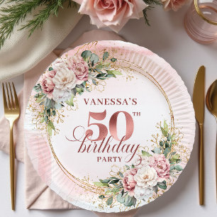 Radiant Rose Gold Glitter Floral 50th Birthday  Paper Plate