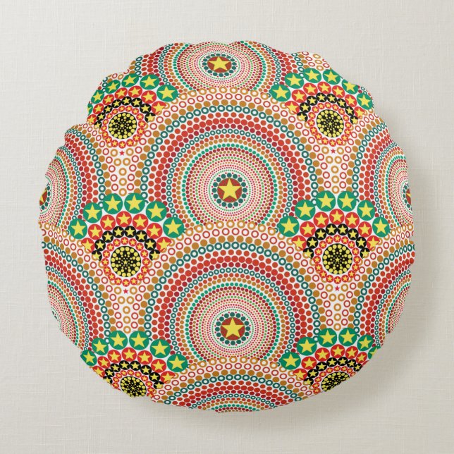 Radiant Sun Multicolored Boho Geometric Round Pillow (Front)