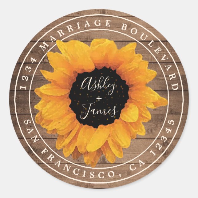 Radiant Sunflower Rustic Wedding Return Address Classic Round Sticker (Front)