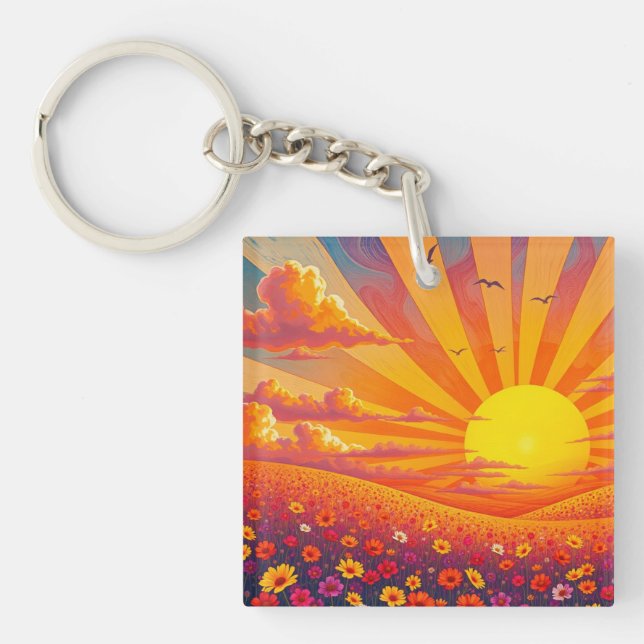 Radiant Sunset Over Whimsical Landscape  Keychain (Front)