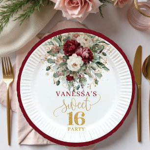 Radiant Sweet 16 Blush Burgundy Party Plates