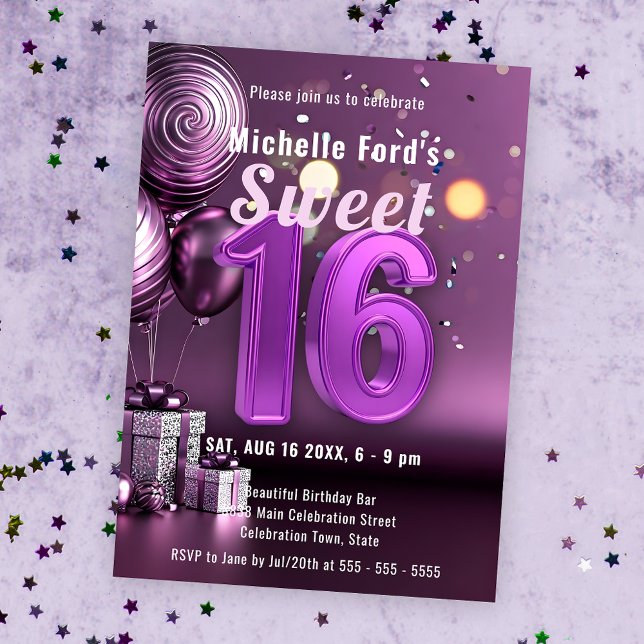 Radiant Sweet 16 Sparkle with Purple Elegance Invitation (Creator Uploaded)
