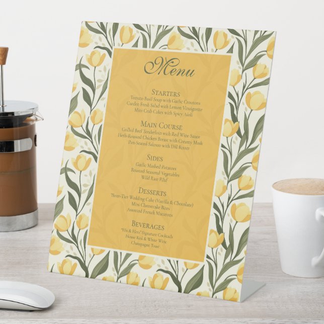 Radiant Tulip Themed Barn Wedding Menu Pedestal Sign (In SItu)