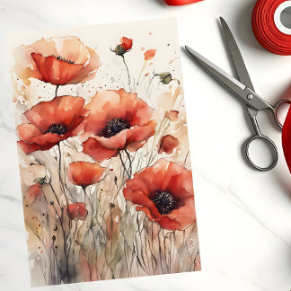 Radiant Watercolor Red Poppy Blossoms Decoupage Tissue Paper