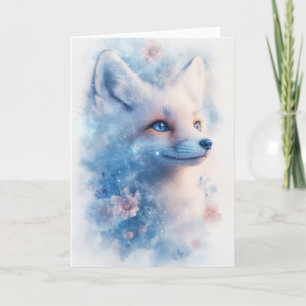 Radiant Winter Fox with Blossoms and Blue Eyes Card