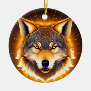 Radiant Wolf Face Illuminated by Golden Light Ceramic Ornament